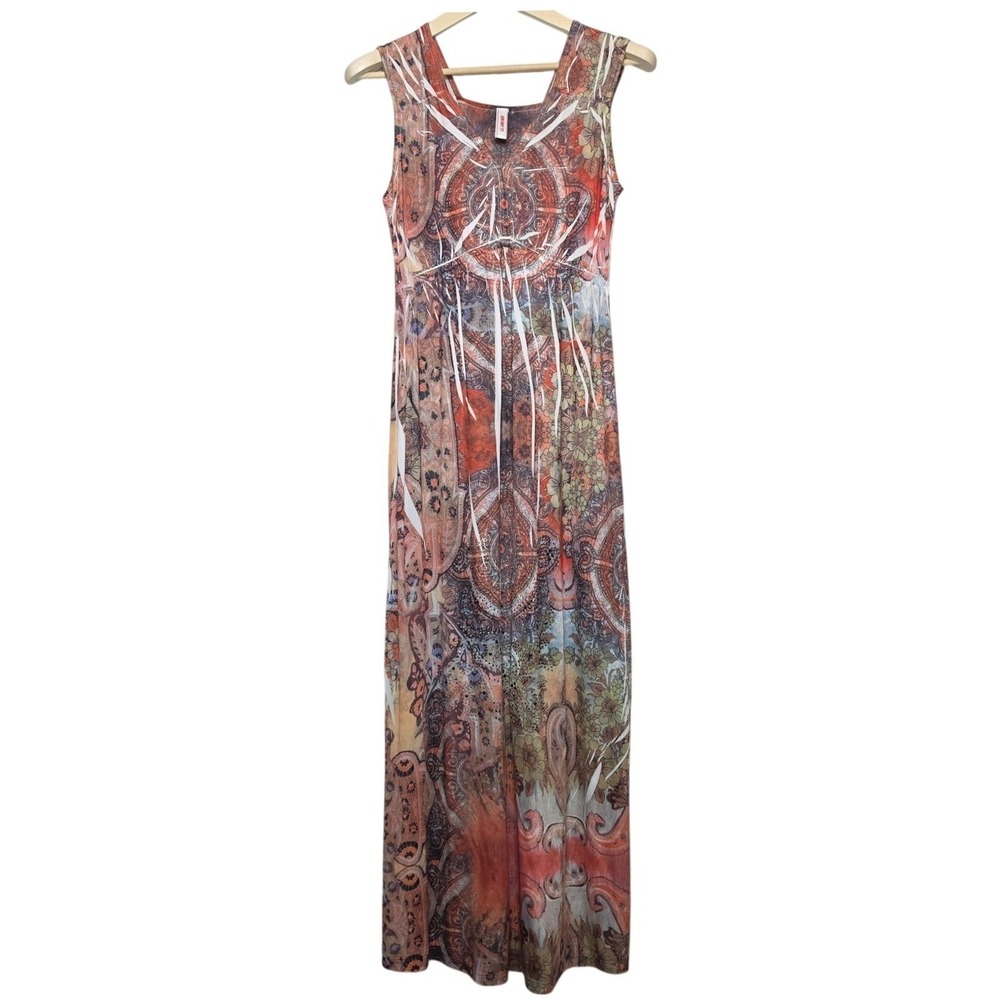 Le Grenier Boho Paisley Floral Rhinestone Maxi Dress Orange Multicolor Size M
